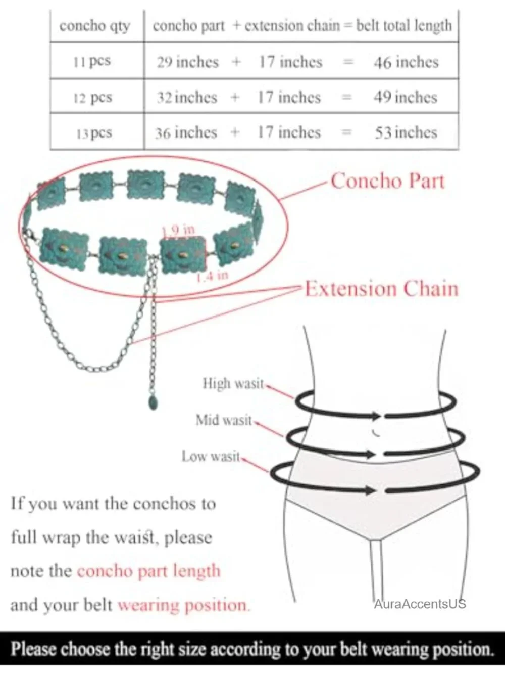 Western Metal Concho Chain Belt for Dresses Jeans Country Concert